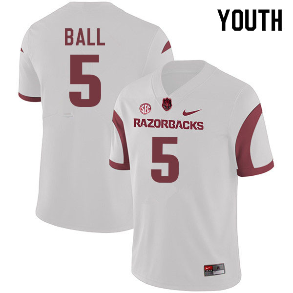Youth #5 Cameron Ball Arkansas Razorbacks College Football Jerseys Sale-White - Click Image to Close